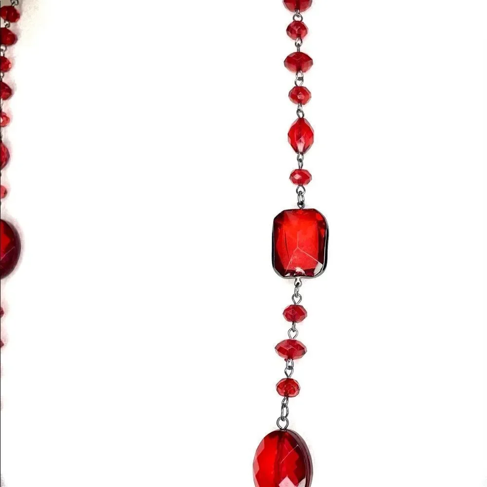 Necklace Earring Set Red resin Beads Stones Gunmetal Chain Matching